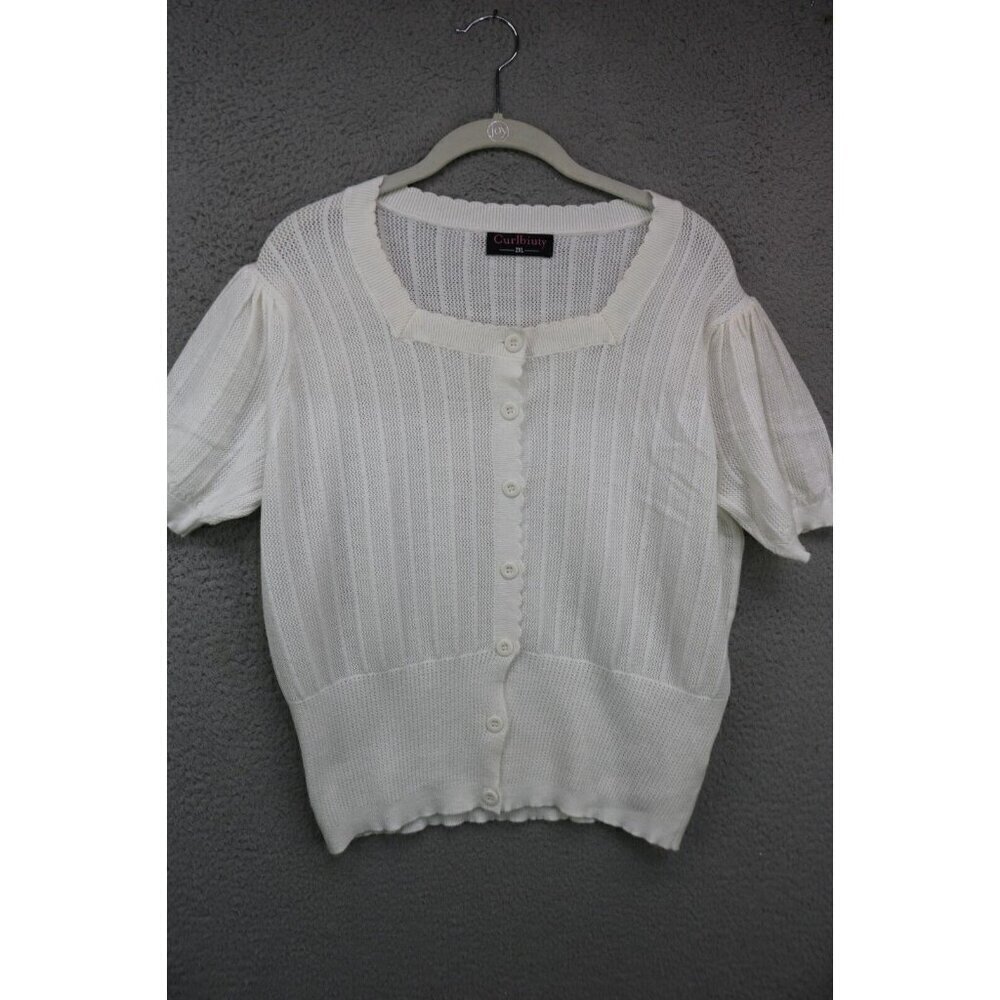 Curlbiuty Vintage Short Sleeve Scalloped Open Knit Button-Up Sweater-Size 2XL